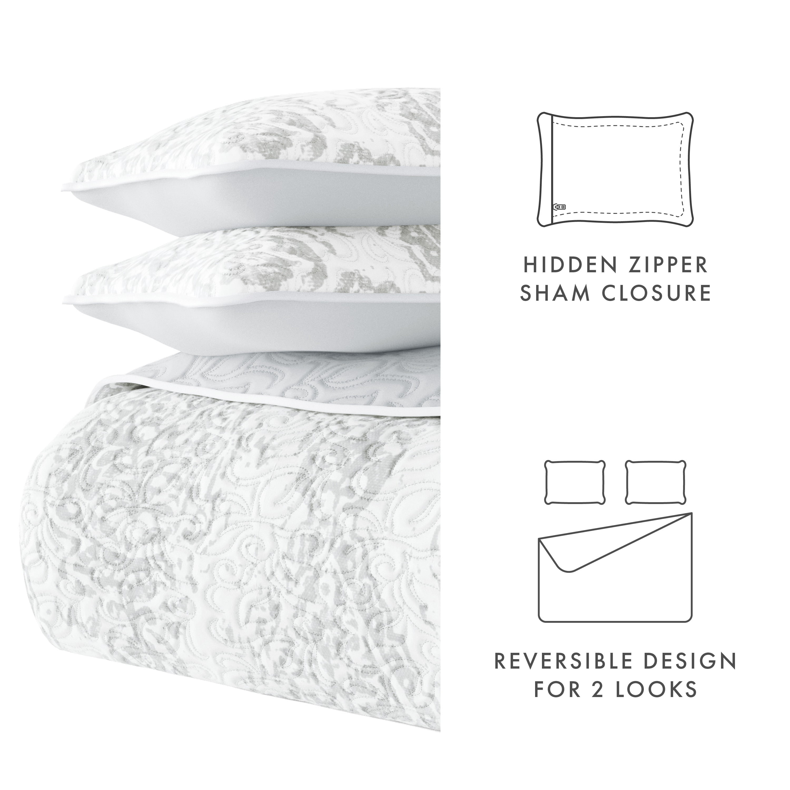 Noble Linens Light Gray 3 Piece Distressed Damask Reversible Print Quilt Set, King / CalKing