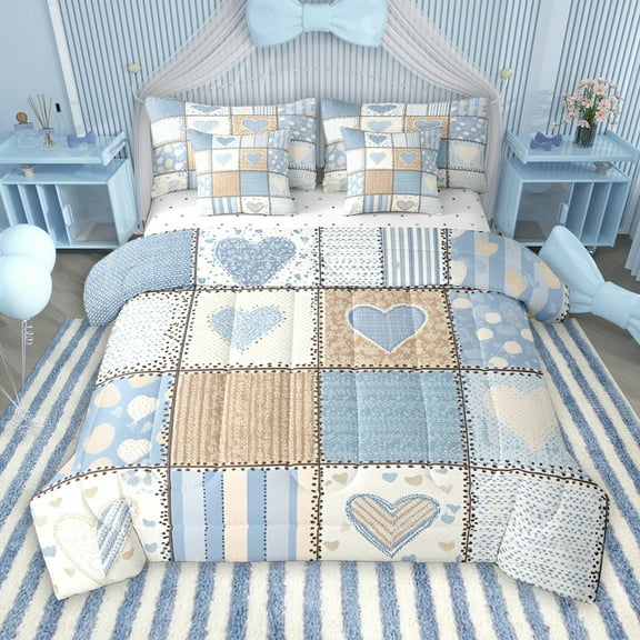 Manfei Teens Love Heart 7-Piece Twin Bedding Sets, Vintage Stripes Art Bedding Comforter Set, Blue Patchwork Plaid Reversible Sheet Sets, Luxury Bedroom Decor