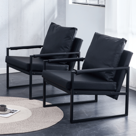 Set of 2 Modern PU Leather Accent Arm Chair, Mid Century Upholstered Armchair Set with Metal Frame Extra-Thick Padded Backrest & Seat Cushion Sofa Chairs, Black