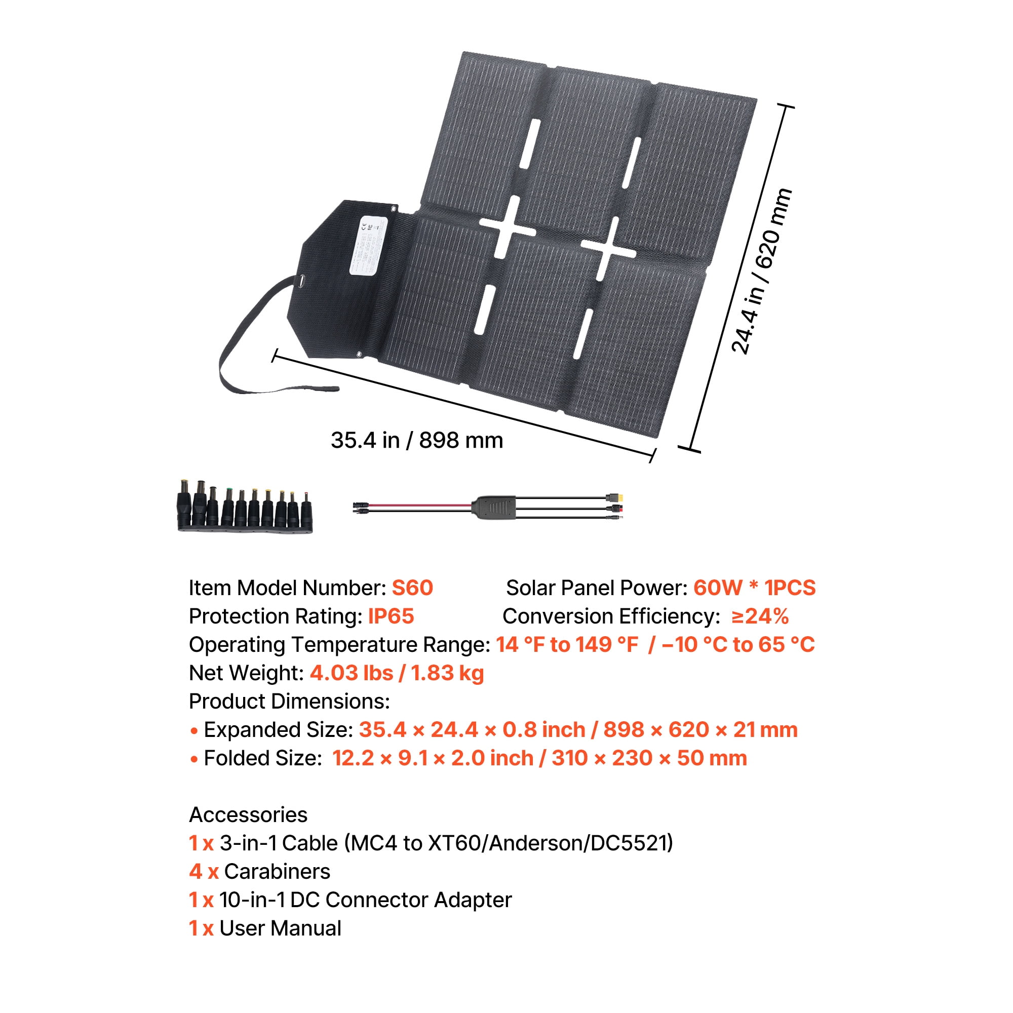 KFFKFF 60W Foldable Solar Panel Charger, High-Efficiency Monocrystalline Design, Lightweight and Portable with MC4, Type-C, USB-A, and DC Ports for Outdoor Power Solutions