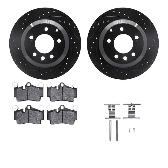 Dynamic Friction Company Rear Brake Rotors-Drilled and Slotted-Black with 5000 Advanced Brake Pads includes Hardware 8512-74077