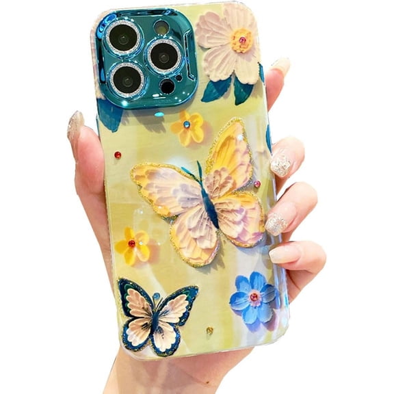 for iPhone 15 Pro Max Case,Colorful Retro Oil Painting Printed Butterfly Flowers Rhinestones Case,Glossy Cute Bling Glitter Phone Cover Girly Women for iPhone 15 Pro Max (Yellow/Green)