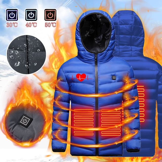 LSLJS Kids Heated Jacket with Hood, Boys Girls Winter Hooded Heated Coats USB Intelligent Constant Temperature Heated Windproof Plus Size Coat( Blue, 8-9 Years )
