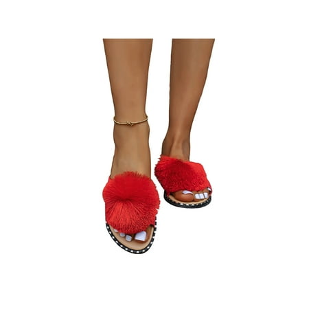 

Rotosw Womens Slides Fluffy Slide Sandal Summer Flat Sandals Stylish Beach Slippers Indoor&Outdoor Lightweight Red 5