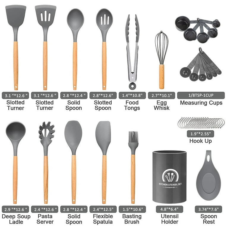 34PCS Silicone Cooking Utensils Set, 446°F Heat Resistant Wooden Handle  Cooking Kitchen Utensils Spatula Set with Holder for Nonstick