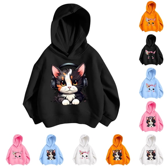 XAOFW Girls Hoodies Long Sleeve Cartoon Print Hooded Sweatshirt Kids Loose Fit Cute Graphic Pullovers Hoodies Stylish Tops 5-6 Years