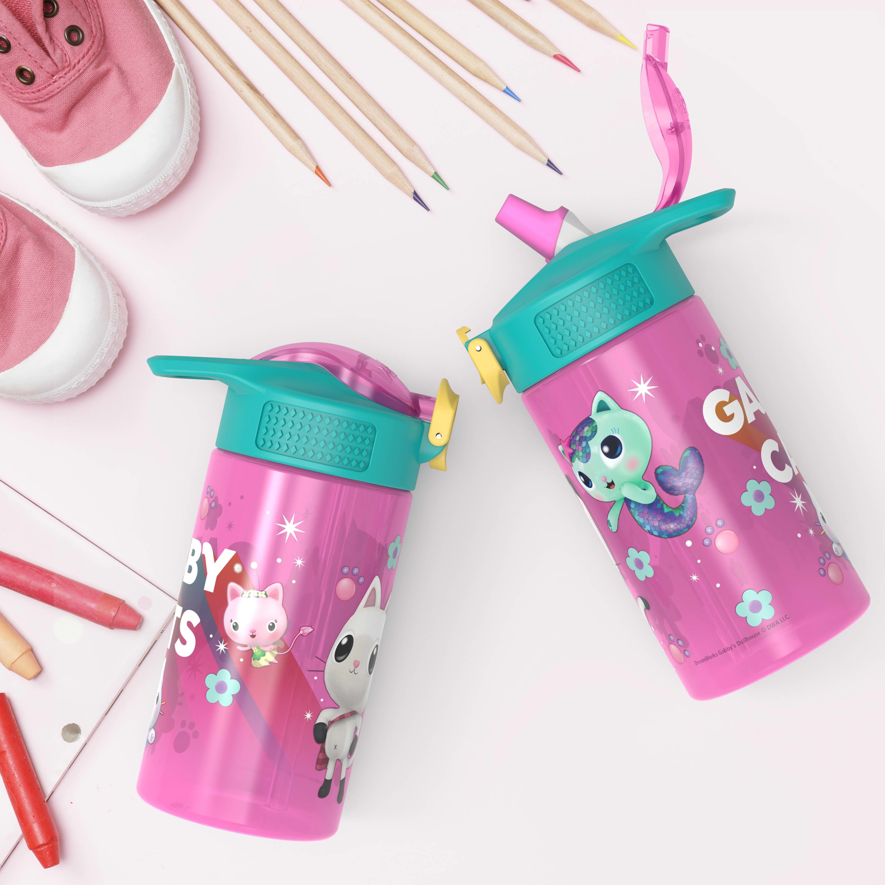 Zak Designs Gabbys Dollhouse 16 ounce Reusable Water Bottle with Hygienic spout cover and antimicrobial spout, Gabby's Cats
