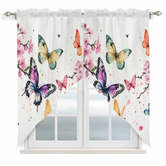 Floral Butterfly Kitchen Window Curtains, Swag Curtains Valance for Bedroom Living Room Bathroom, Simple Spring Botanical Colorful Floral Rod Pocket Window Curtain Block Drapes 2 Panels 36"x45"