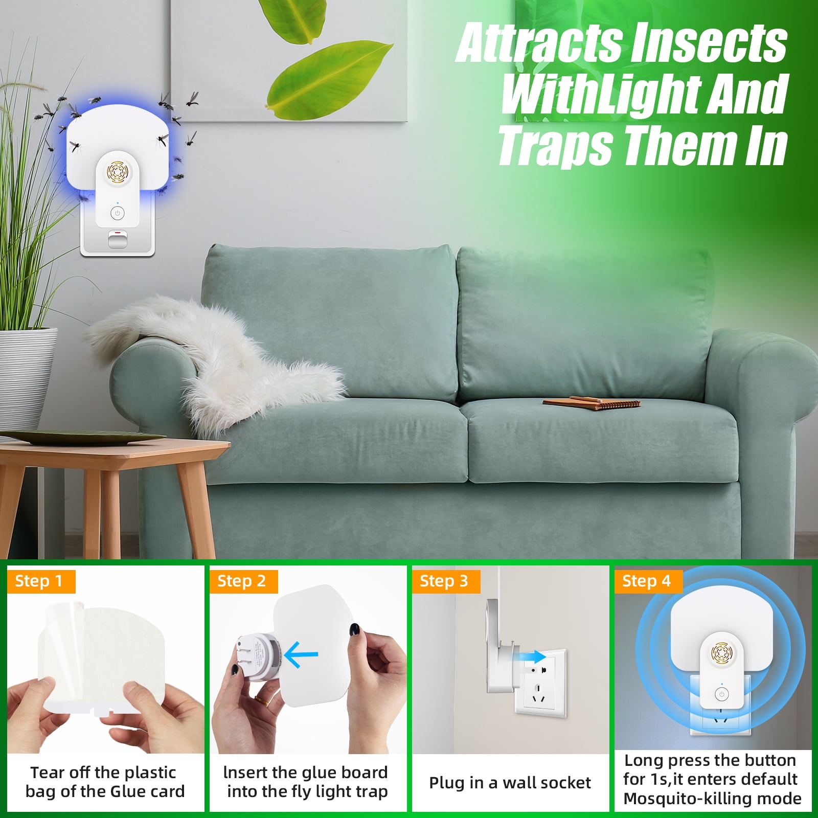 G · PEH 2-in-1 Plug-in Flying Insect Trap Mosquito Trap Gnat Killer Indoor Electric Insect Trap Ultrasonic Pest Repellent Home Office (2 PACK)