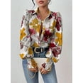 thumbnail image 3 of Women'S Floral Dressy Casual V Neck Button Down Shirts Lantern Long Sleeve Boho Chiffon Fall Tops Red & Yellow S, 3 of 7