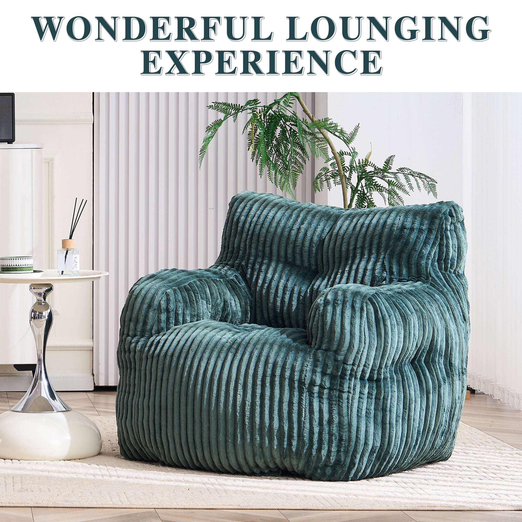 Bean Bag Chair with Filling BeanBag for Adults with Armrest Comfy Corduroy Fabric Lounge Lazy Floor Chair with Memory Foam Filler Fluffy Bean Bag for Dorm Living Room Bedroom Green