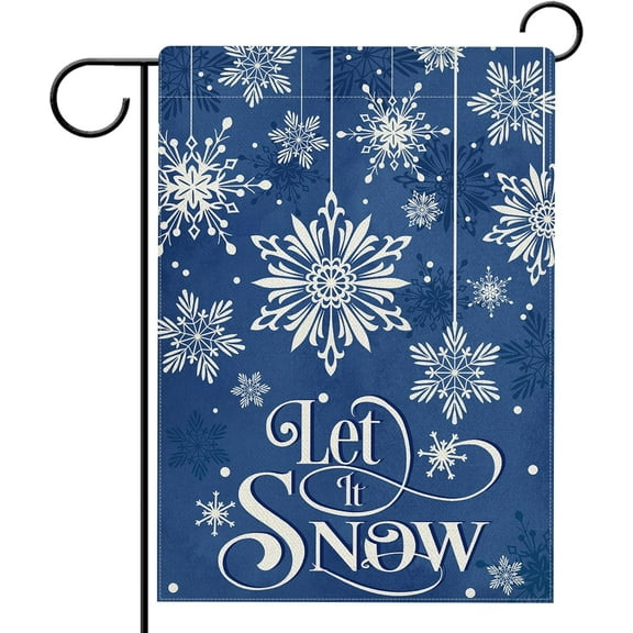diyeu Winter Snowflakes Garden Flag Double Sided, Let It Snow Navy Blue Decorative Yard Outdoor Home Small Decor, Christmas Winter Holiday Burlap Outside House Decoration 12 x 18