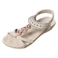 thumbnail image 6 of Rokment Women's Boho Bow Rhinestones Wedges Dress Sandals 2026 Beach Summer Ethnic Comfortable Leather Open Toe Low Heel Slingback Walking Flat Sandals Beige Size 6, 6 of 8