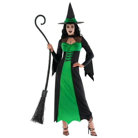 Morph Womens Long Green Witch Costume & Hat Ladies Wicked Halloween Fancy Dress Halloween Green XL