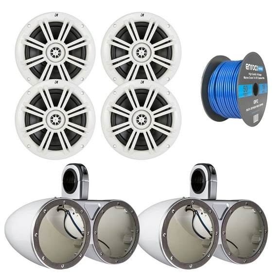 4x Kicker 6.5-Inch Marine White Coaxial Speakers, 4x Kicker Marine Tower Enclosure for Dual 6.5-Inch Drivers White, Enrock Audio Marine Grade Spool of 50 Foot 16-Gauge Speaker Wire