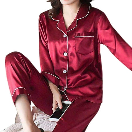 

YXGla 2 Pcs/Set Pajamas Suit Imitation Silk Single-breasted Cardigan Oversized Turn-down Collar Nighty Suit for Home