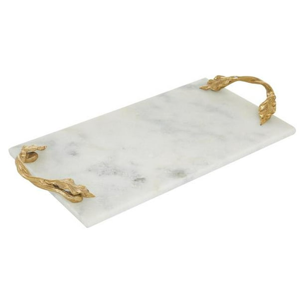 Benjara BM216648 Rectangular Marble Serving Tray with Metal Handles, White & Gold 2 x 10 x 21