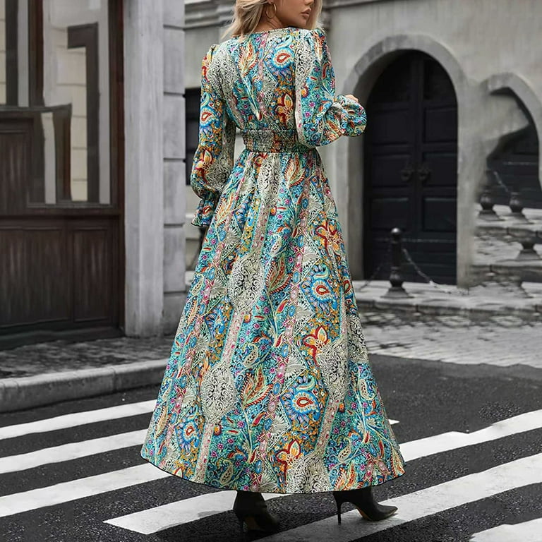 ZOELNIC Women's Fall Long Sleeve Maxi Dress Boho Floral Print V Neck Empire  Waist A Line Flowy Dresses, L - Walmart.com