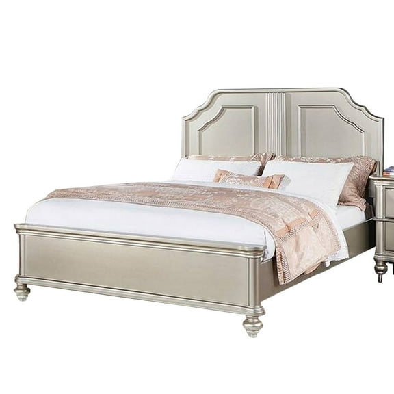 Benjara Opp Platform Queen Size Bed with Curved Panel Headboard, Champagne Silver