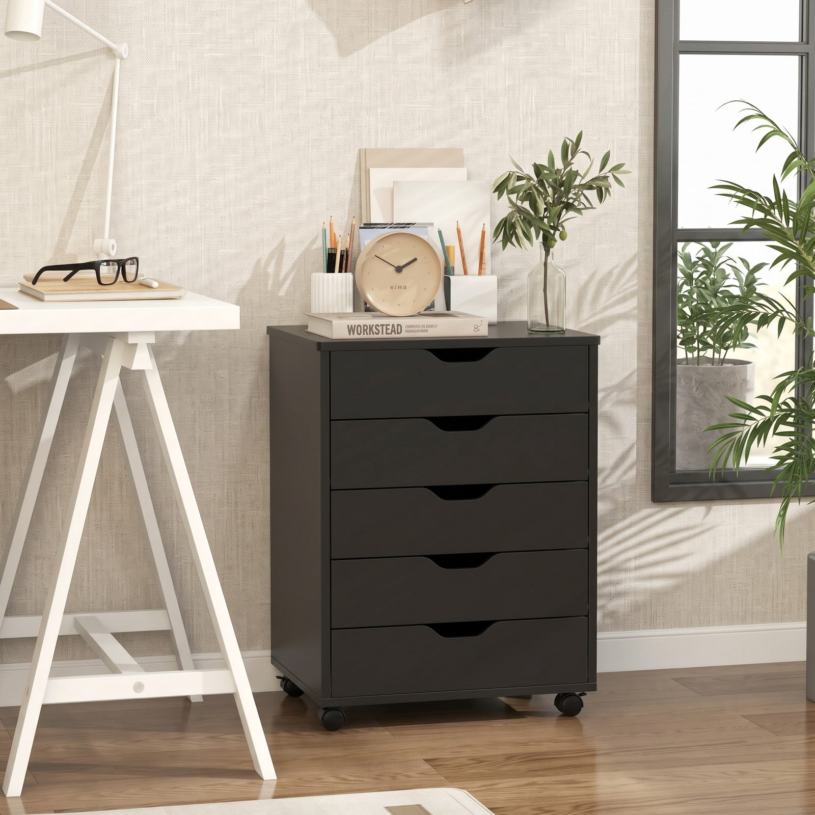 Furnibear 5 Drawer Mobile File Cabinet with Lockable Wheels, Rolling Storage Organizer Cart with Reinforced MDF Frame for Home Office, Living Room, Study, 155, Black