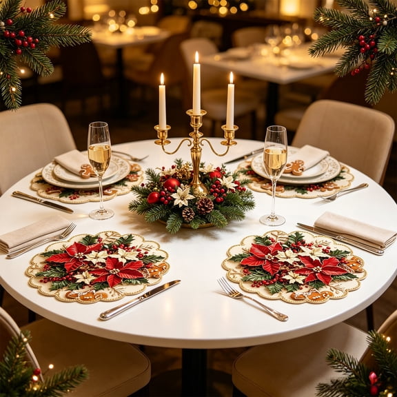 4 Pack Christmas Themed Round Placemats,Washable Heat Resistant Table Mats, Holiday Dinner Party Table Decor