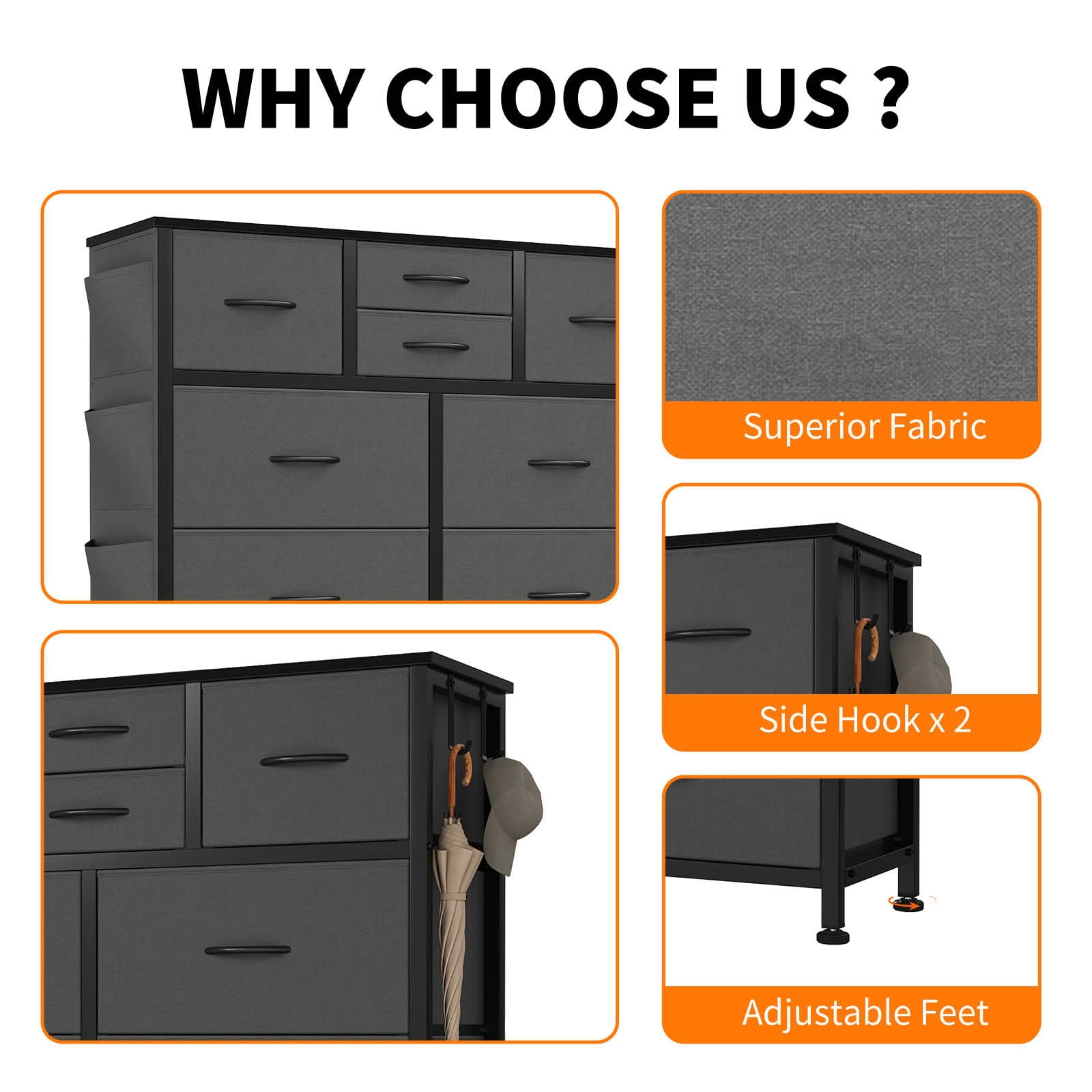 MAYEERTY 10-Drawer Storage Dresser, Cabinet with Side Pocket Hooks Wood Top for Bedroom Closet