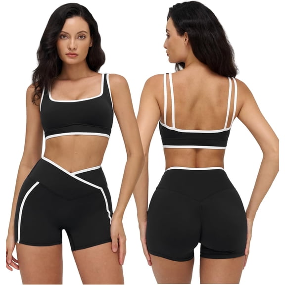 PISONIC Women Two Piece Workout Sets Color Block Sports Bra and High Waist Shorts Gym Yoga Athletic Outfits