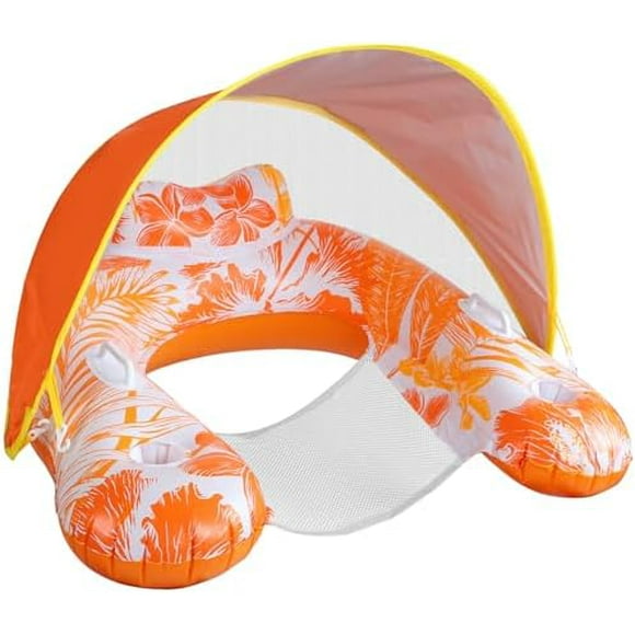 Pool Floats with Canopy for Adults - XL Floaties Chair with Adjustable Sun Shade Cover, Handle, Cup Holder, Headrest, Heavy Duty Inflatable Floating Lounger for Pool Party Summer Lake Water Fun Orange