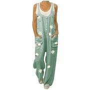 Womens Pants Overalls Rompers Daisy Print Buttons Suspender Jumpsuit