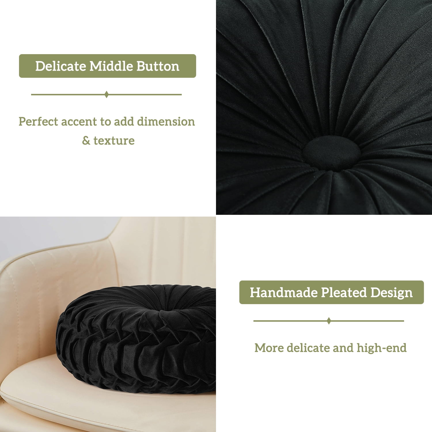 HIG Set of 2 Pumpkin Pleated Round Throw Pillows, Soft Velvet, Black, 14.5" Diameter