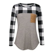 Women's Stylish Round Neck Plaid Panel Long Sleeve Pocket T-shirt