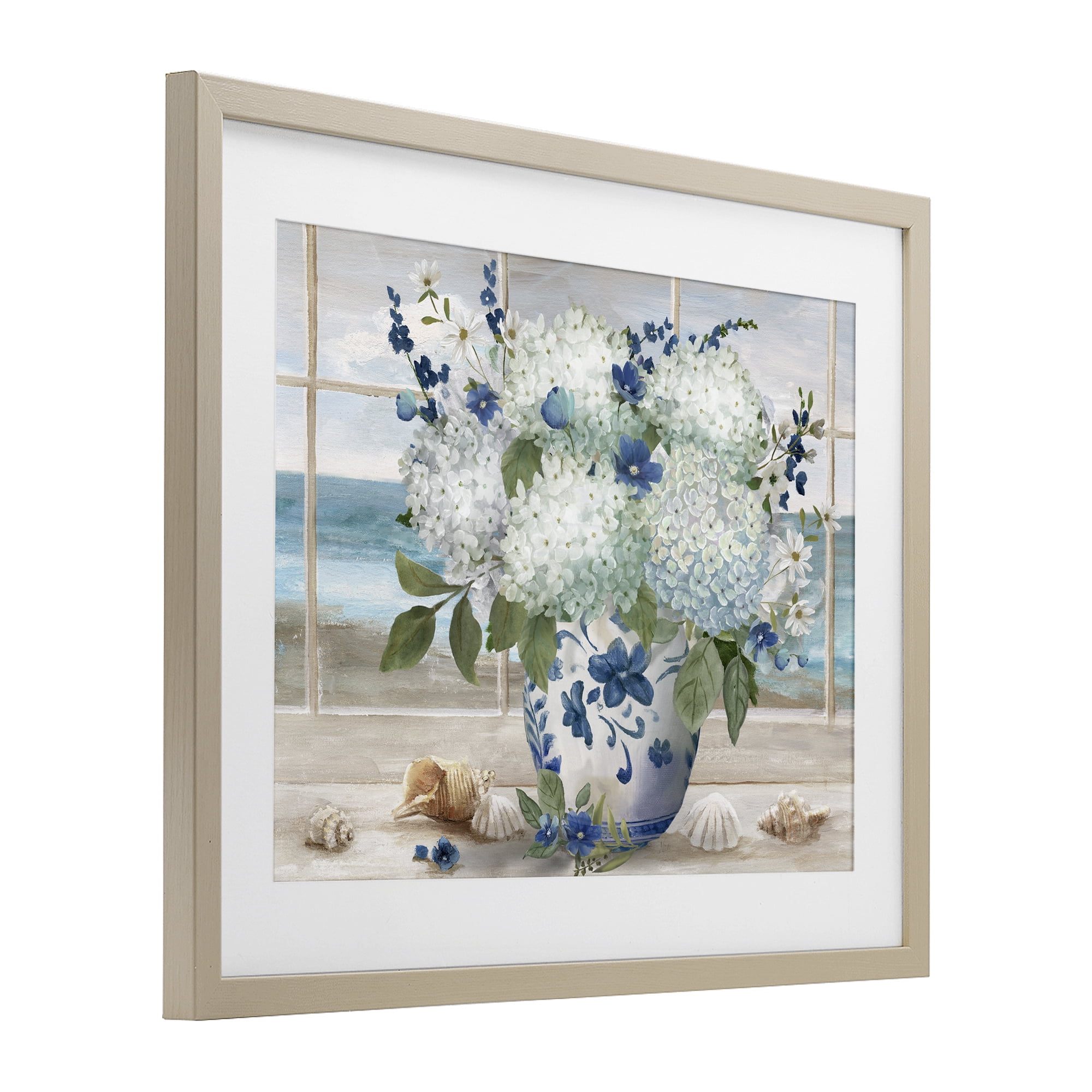 Stupell Industries Seaside Hydrangea Bouquet in Window Birch Framed Print Under Glass, design by Nan
