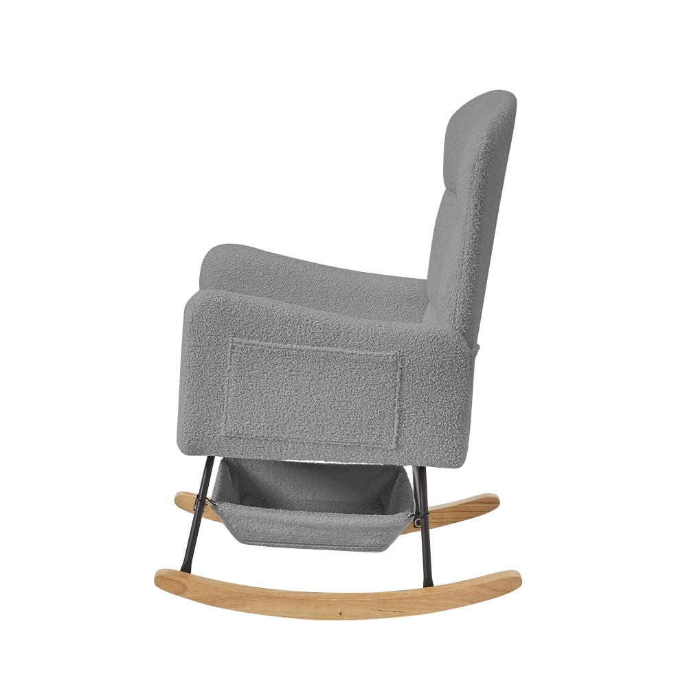 Pink Teddy Fleece Rocking Chair, Upholstered Nursery Glider with High Back, Metal & Wood Frame