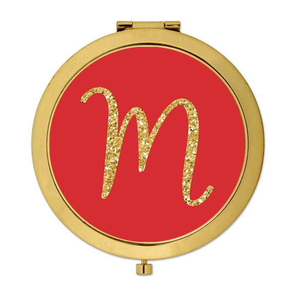 Koyal Wholesale Gold Compact Mirror Bridesmaid's Wedding Gift, Red with Faux Gold Glitter, Monogram Letter M, 1-Pack