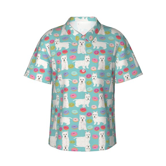 Westie Donuts Terriers Hawaiian Shirts For Men, Summer Short-Sleeve Relaxed-Fit Button-Down Shirts Small