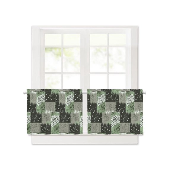 Watercolor Flowers Rose Short Blackout Curtains 24 Inch Long,Black Green Plaid Rod Pocket Kitchen Curtains,2 Panels Thermal Insulated Room Darkening Drapes for Bedroom,30"Wx24"L