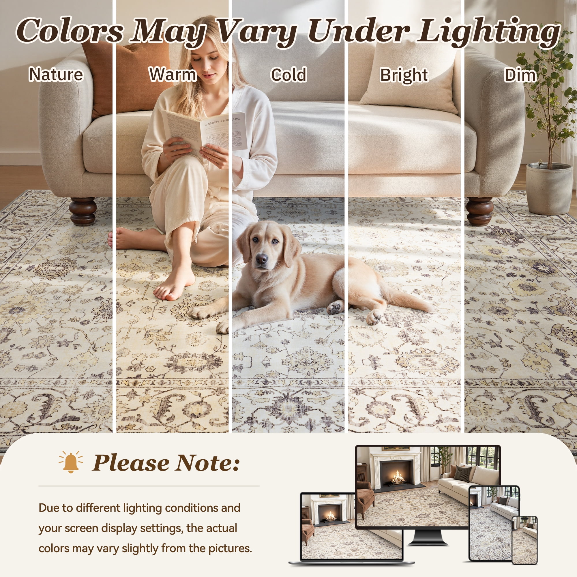 SIXHOME 8'x10' Area Rugs for Living Room Rugs for Bedroom Vintage Soft Floral Area Rug Washable Botanical Printed Carpet Non Slip Oriental Rug for Dining Room and Farmhouse Home Decor Beige