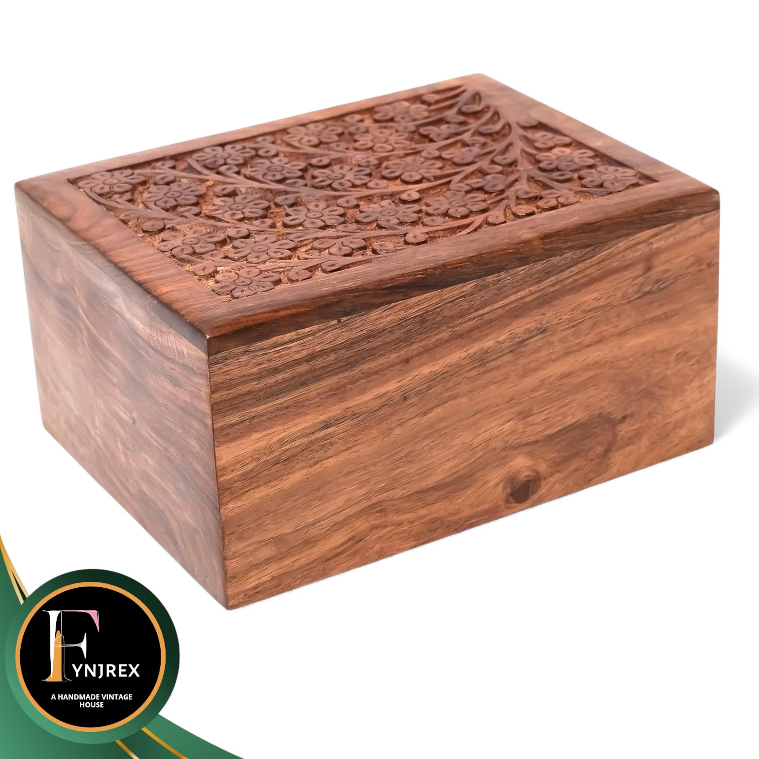Handcrafted Wooden Cremation Urn for Human Ashes – Large Rosewood Memorial Box with Floral Carving, Keepsake Funeral Urn for Men and Women