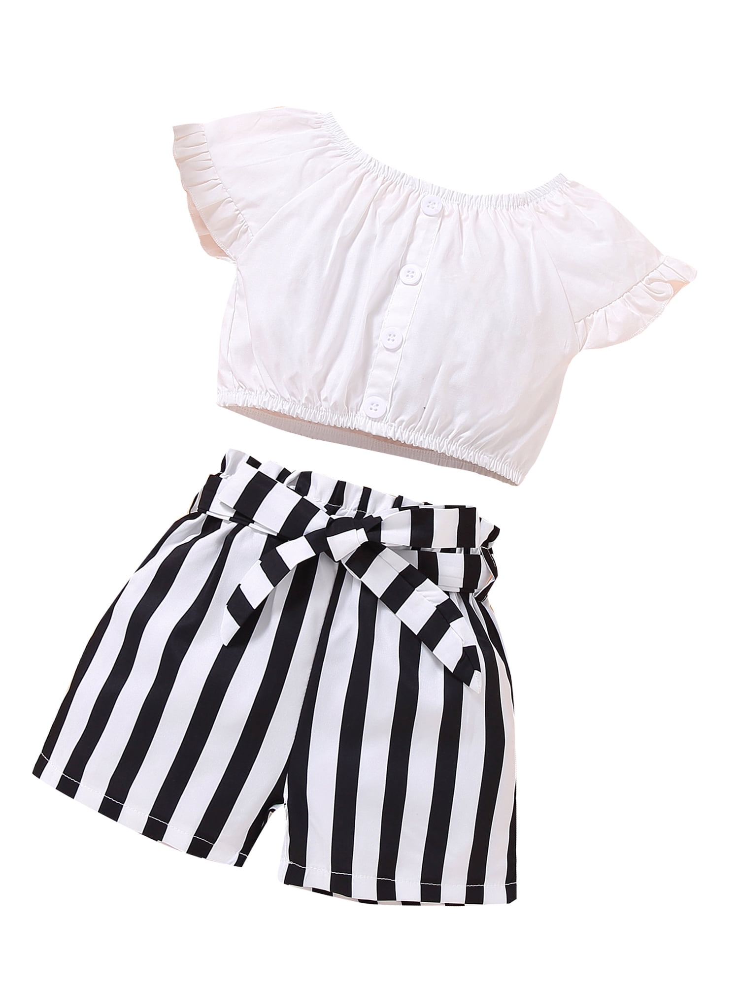 Girls Summer Suit 2Pcs Crop Top+Pants Stripes Print Shorts Kids Casual Clothes 