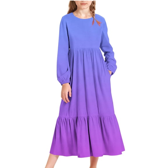 Fesfesfes Girls Long Sleeve Solid Color Casual Dress with Side Pockets Round Neck A Line Swing Flowy Maxi Dress for Big Kids and Teens Everyday Play School(Dark Blue#1,14-15 Years)