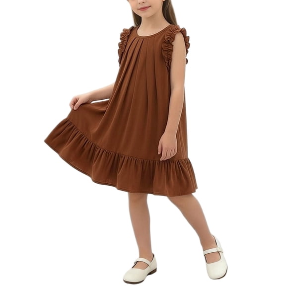 CYRBOKO Toddler Girls Summer Dresses, A-line Sleeveless Crew Neck Soft Casual Dresses Coffee Size 4-5 T