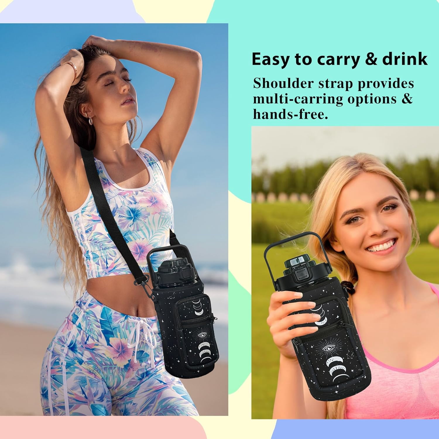 64 oz Water Bottle with Straw Sleeve & Strap Motivational BPA Free Half Gallon Water Jug with Handle for Gym Women Men Aesthetic Water Bottle with Strap Star Sign