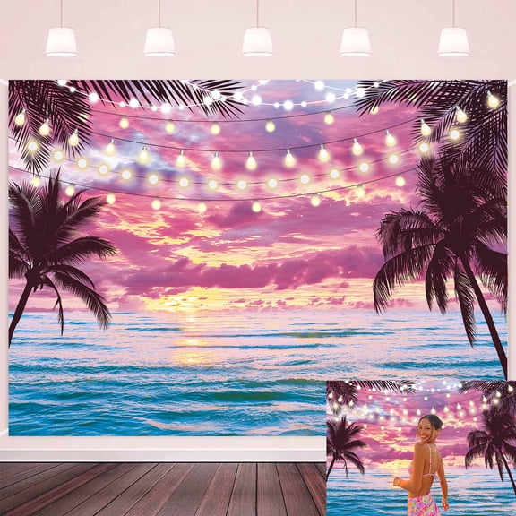 7x5FT Beach Sunset Backdrop Summer Tropical Hawaii Seaside Pink Sky Photography Background for Summer Vacation Wedding Birthday Luau Party Decorations Kids Adults Photo Studio Props Vinyl