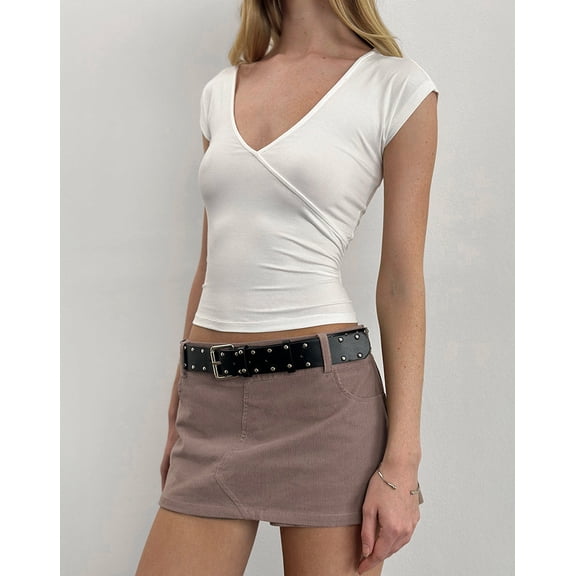 Women's Y2K Deep V Neck Cross Wrap Ruched Crop Tops Cap Sleeve Slim Fit Sexy Going Out Tank Tops