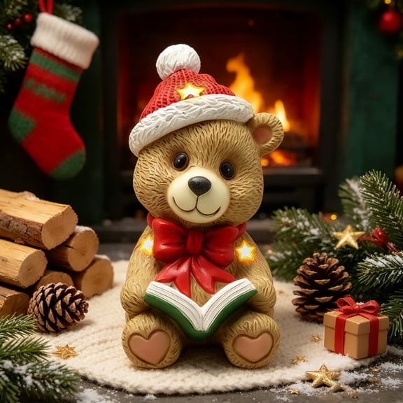 Zayton Lighted Christmas Bear Figurine, Santa Hat Book Reading Resin Statue, 9.25 in Tabletop Holiday Decor