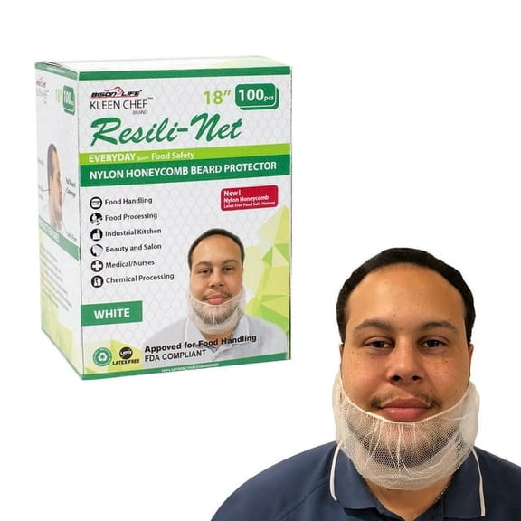 Kleen Chef Resili-Net Disposable Nylon Honeycomb Beard Protectors Net, 18", White (Box of 100)