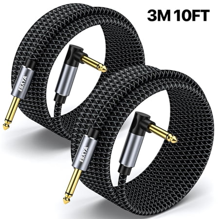 EBXYA 1/4 Inch Guitar Cable 2-Pack Straight to Right Angle 10ft Instrument Cable with Dual-Color Braided Jacket & Molded Connectors for Electric Guitar, Bass, Amp & Live Performance