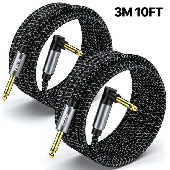 EBXYA 1/4 Inch Guitar Cable 2-Pack Straight to Right Angle 10ft Instrument Cable with Dual-Color Braided Jacket & Molded Connectors for Electric Guitar, Bass, Amp & Live Performance