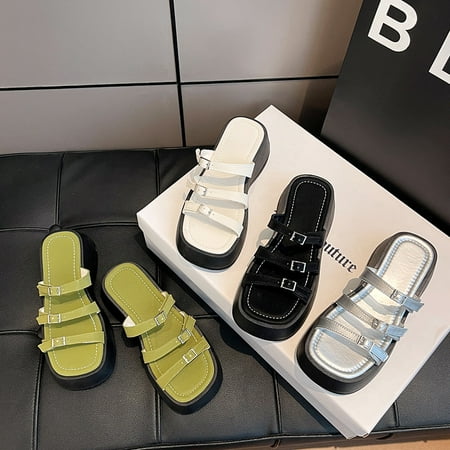 

2023 hot sale of casual hollow belt buckle sandals slippers female external wear summer new muffin thick bottom heightening thin strap Roman shoes