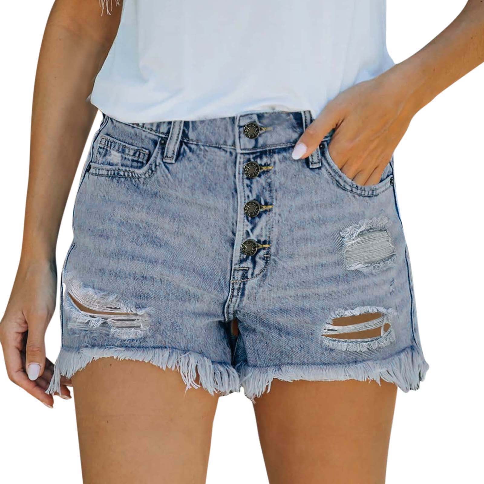 Larisalt Jean Shorts Womens ,Womens High Waist Ripped Hole Washed  Distressed Short Jeans Blue,XL